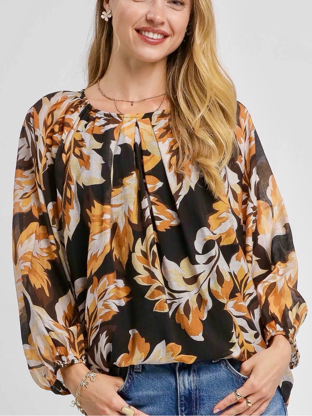 🍁 Hello Fall! Umgee Autumn Leaf Print Balloon Sleeve Blouse